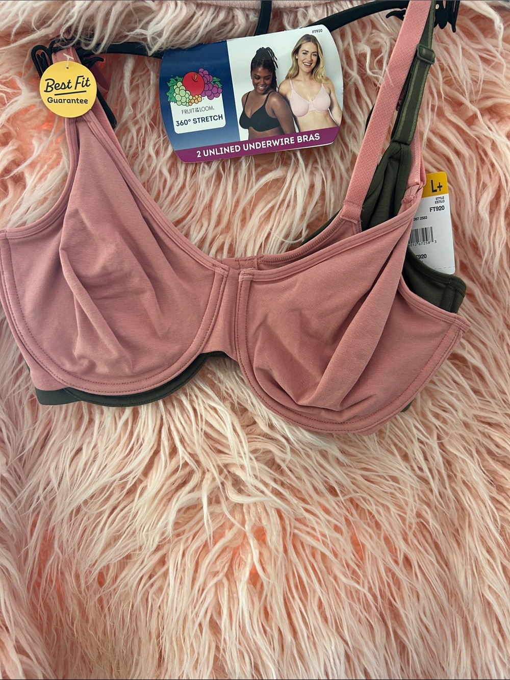 Fruit of the Loom Dusty Rose and Olive Unlined Underwire Bra Women’s L+